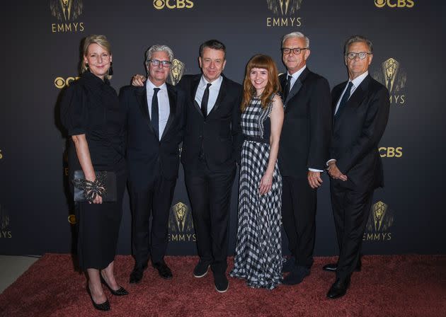 LONDON, ENGLAND - SEPTEMBER 19:  (L-R) Suzanne Mackie, Matthew Byam Shaw, Peter Morgan, Oona O'Beirn, Stephen Daldry and Robert Fox attend the 