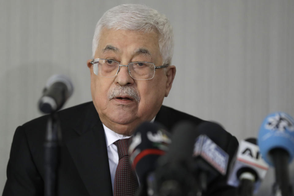 Palestinian President Mahmoud Abbas speaks during a news conference in New York, Tuesday, Feb. 11, 2020. (AP Photo/Seth Wenig)