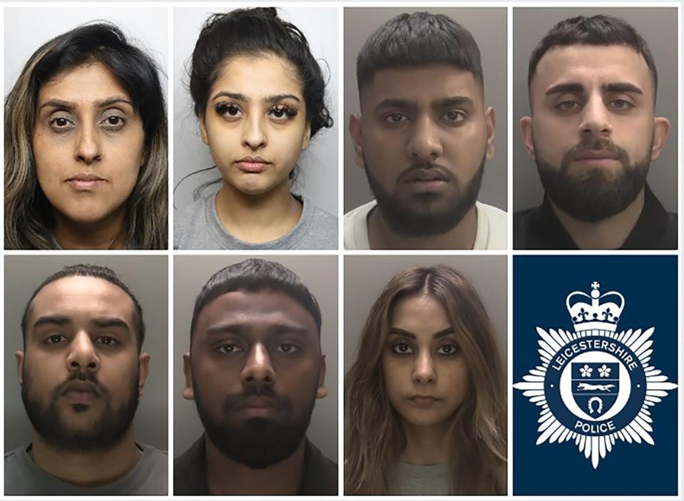 Guilty plotters: (clockwise from top left) Ansreen Bukhari, Mahek Bukhari, Raees Jamal, Rekhan Karwan, Natasha Akhtar, Sanaf Gulamustaf and Ameer Jamal, (Leicestershire Police/PA Wire)