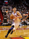 MIAMI, FL - FEBRUARY 23: Jeremy Lin #17 of the New York Knicks drives during a game against the Miami Heat at American Airlines Arena on February 23, 2012 in Miami, Florida. NOTE TO USER: User expressly acknowledges and agrees that, by downloading and/or using this Photograph, User is consenting to the terms and conditions of the Getty Images License Agreement. (Photo by Mike Ehrmann/Getty Images)