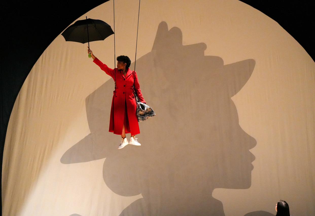 OU alumnus and Broadway star Adrianna Hicks, who is playing the title role in Lyric Theatre’s “Mary Poppins” June 25-30 at the Civic Center, learns how to fly at the June 18 rehearsal.