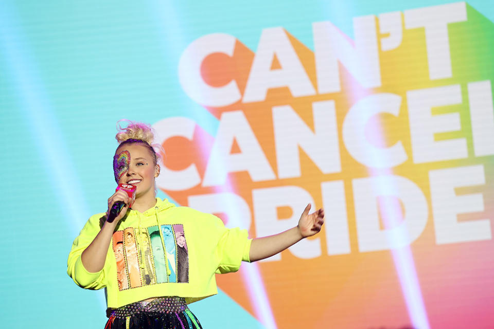 In this image released on June 15, JoJo Siwa on stage during a taping of P&G & iHeartMedia's Can't Cancel Pride 2023 PROUD and TOGETHER at iHeartRadio Theater on April 24, 2023 in Burbank, California.