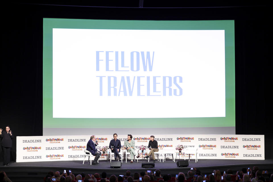 (L-R) Pete Hammond, Matt Bomer, Jonathan Bailey and Ron Nyswaner of ‘Fellow Travelers’ on a panel at Deadline Contenders Television
