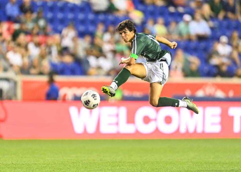 Delbarton co-captain Aidan Donovan takes a shot in a 3-3 double-overtime draw with Seton Hall Prep on Sept. 8, 2023 at Red Bull Arena.