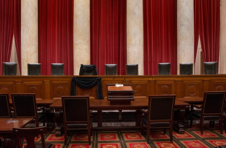 The chair of Justice Antonin Scalia draped in black following his death on February 13, 2016