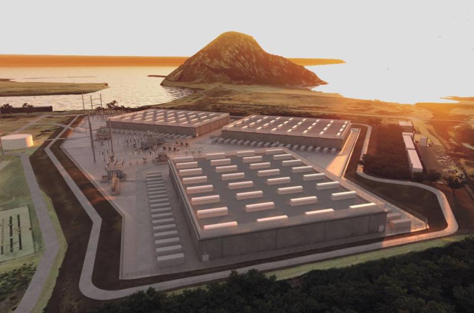 A rendering illustrates how a proposed 22-acre battery storage plant would look at the site of the Morro Bay Power Plant’s old oil tanks.