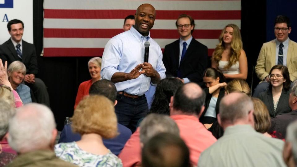 Sen. Tim Scott, R-S.C., speaks during a town hall, Monday, May 8, 2023, in Manchester, N.H. Scott recently launched an exploratory committee for a 2024 GOP presidential bid, a step that comes just shy of making his campaign official.