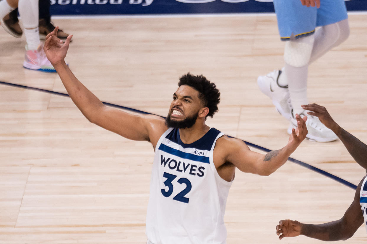 Minnesota Timberwolves center Karl-Anthony Towns celebrates against the Memphis Grizzlies during Game 4 of their NBA playoffs first-round series at Target Center in Minneapolis. (Brad Rempel/USA TODAY Sports)