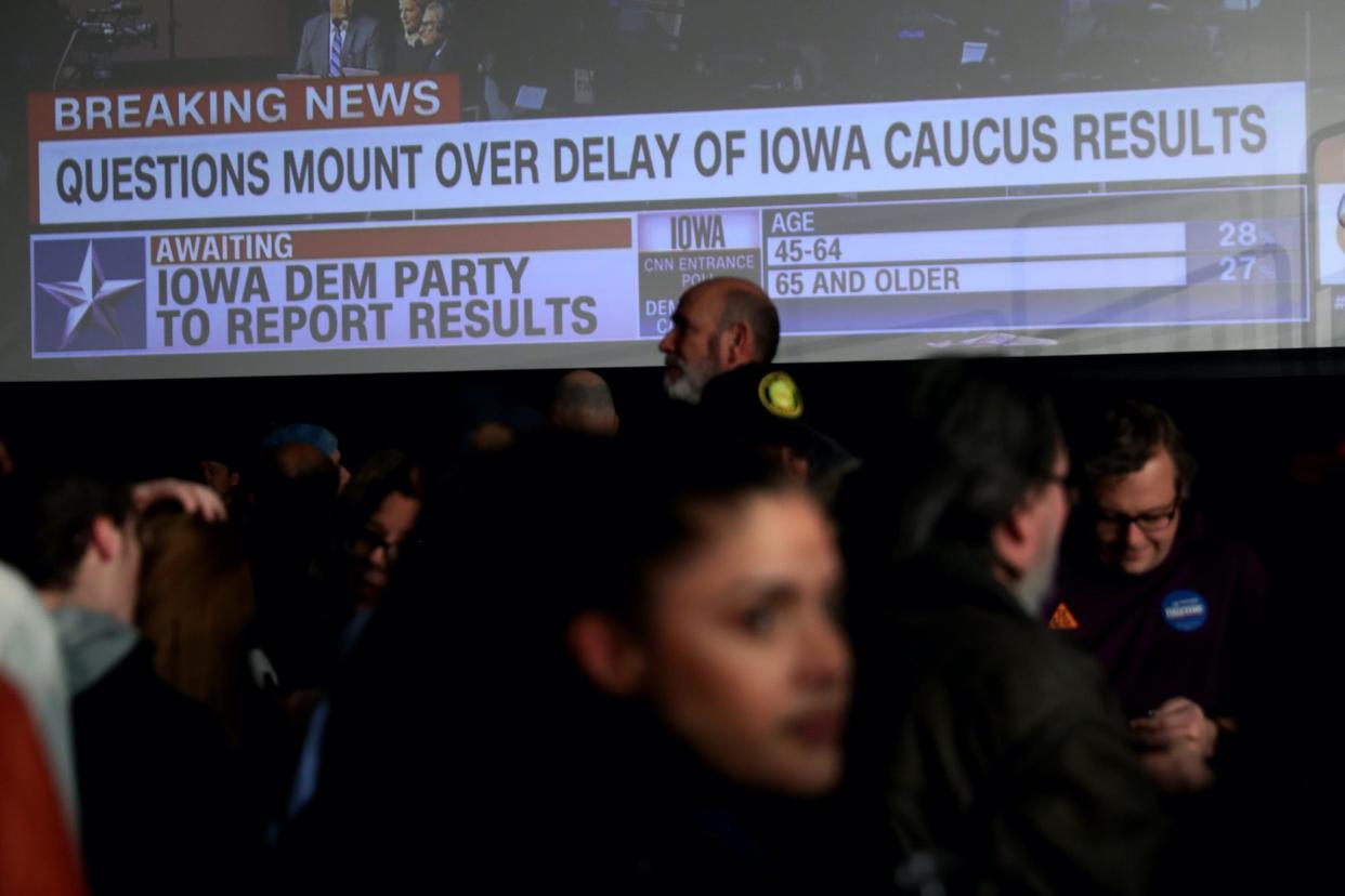Supporters of democratic presidential candidate Sen. Bernie Sanders (I-VT) wait for results to come in at his caucus night watch party on February 03, 2020 in Des Moines, Iowa: Joe Raedle/Getty Images