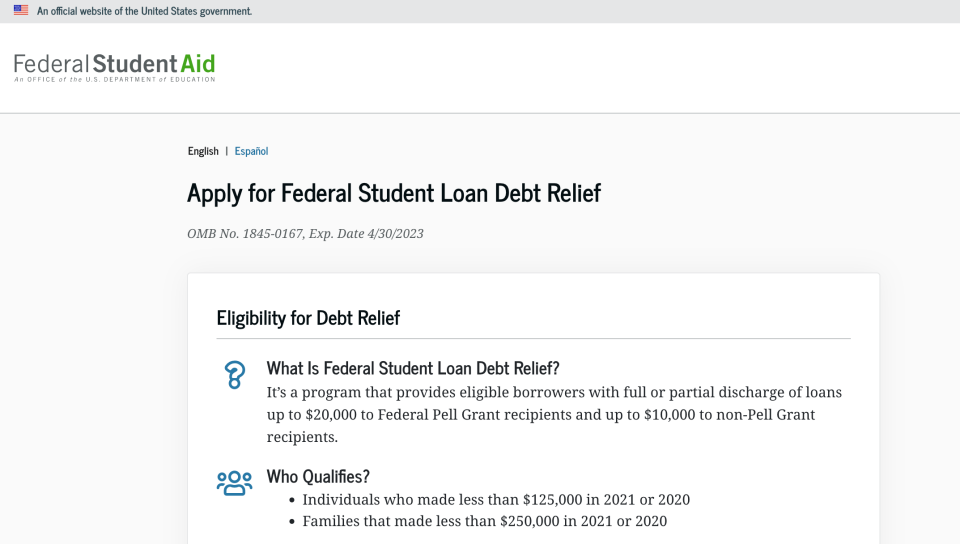 Apply now for student loan forgiveness under President Biden's new plan on the Department of Education website. / Credit: Screenshot/Department of Education