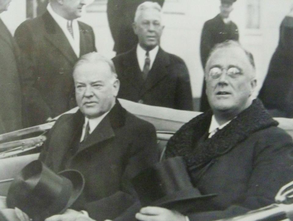 This March 4, 1933 photo provided by the New-York Historical Society courtesy of the Franklin D. Roosevelt Presidential Library and Museum, Hyde Park, New York shows President-elect Franklin D. Roosevelt going to his Inauguration with the outgoing President Herbert Hoover as they share a tense ride to the Capitol in Washington, D.C. The picture is part of a new exhibit at the New-York Historical Society, titled "A New President Takes Command: FDR's First Hundred Days." (AP Photo/Franklin D. Roosevelt Presidential Library and Museum)**NO SALES**