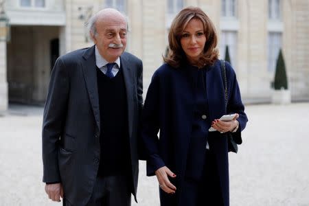 Lebanese Druze leader Walid Jumblatt and his wife Noura leave the Elysee Palace in Paris following a meeting with French President Francois Hollande, February 21, 2017. REUTERS/Philippe Wojazer