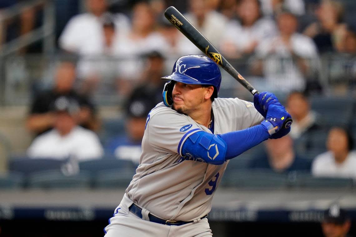 Kansas City Royals’ Vinnie Pasquantino during the first inning of a baseball game against the New York Yankees Thursday, July 28, 2022, in New York. (AP Photo/Frank Franklin II)