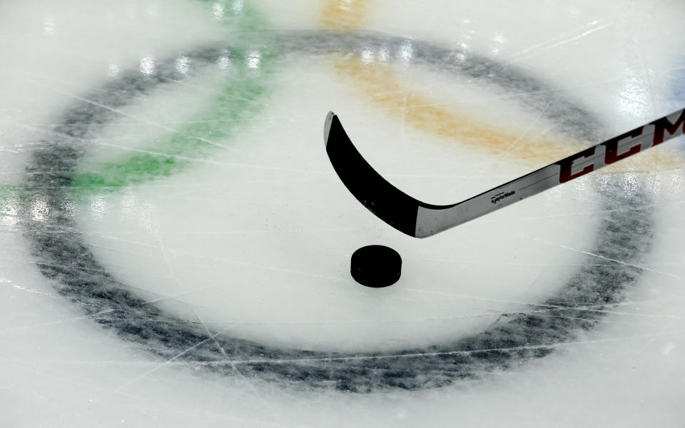 A player from the Czech Republic takes practice shots during a training session at the Bolshoy Ice Dome at the the 2014 Winter Olympics, Saturday, Feb. 8, 2014, in Sochi, Russia. (AP Photo/Julio Cortez)