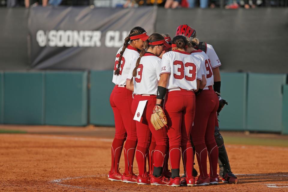 The OU softball team huddles between innings of a 10-1 win against Wichita State on March 29 at Marita Hynes Field in Norman.