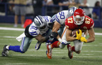 <p>Dallas Cowboys’ Anthony Hitchens (59) and Sean Lee (50) combine to stop Kansas City Chiefs’ Travis Kelce from advancing the ball after catching a pass in the second half of an NFL football game, Sunday, Nov. 5, 2017, in Arlington, Texas. (AP Photo/Michael Ainsworth) </p>