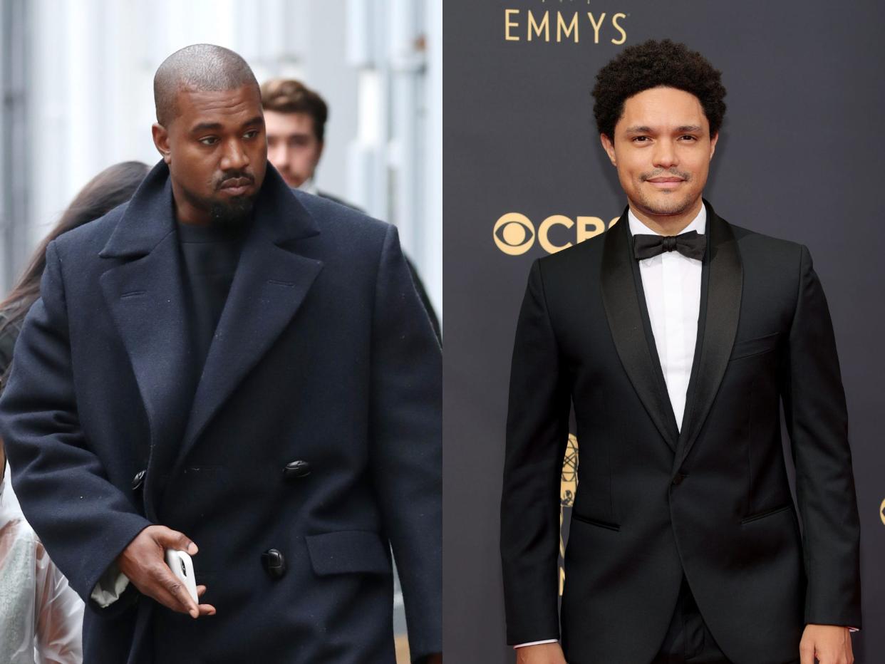 left: kanye west wearing a navy coat, walking on the street; right: trevor noah in a black tuxedo at the emmys