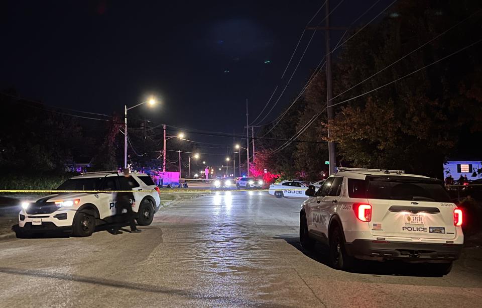 Evansville Police Department cruisers were stationed at the intersection of Sweetser and Bedford Avenues after an officer shot and killed a woman in the 1700 block of South Evans Avenue Wednesday, Oct. 25, 2023.
