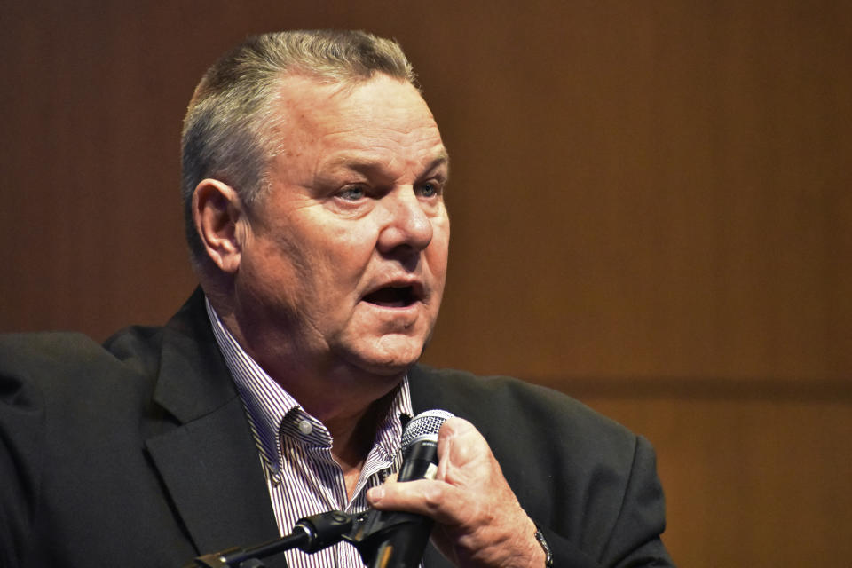 U.S. Sen. Jon Tester is seen speaking during a Veterans Day ceremony at Lockwood High School, on Nov. 11, 2022, in Lockwood, Montana. Tester's third term ends in 2024 and Republicans are eager to challenge him following a string of GOP victories in the state. (AP Photo/Matthew Brown)