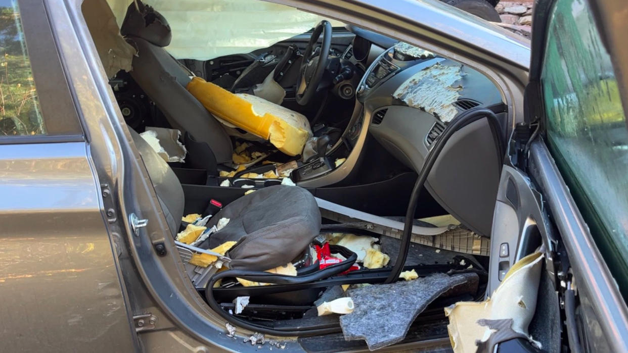  Car is trashed by bear. 