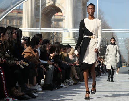 A model presents a creation by Bottega Veneta during the Milan Fashion Week in Milan, Italy February 22, 2019. REUTERS/Alessandro Garofalo