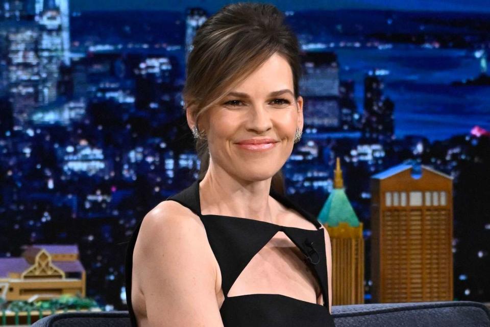 <p>Todd Owyoung/NBC via Getty </p> Hilary Swank on The Tonight Show on Feb. 14, 2024