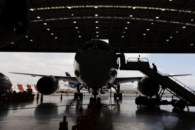 Planes of the Mexican airline Aeromexico in hangars at Benito Juarez International airport in Mexico City