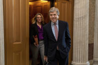 Sen. Roy Blunt, R-Mo., leaves an elevator at the Capitol in Washington, Wednesday, Jan. 19, 2022. (AP Photo/Amanda Andrade-Rhoades)