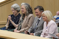 Actress Dame Maggie Smith sits with her daughter-in-law Suki Stephens in the Royal Box to watch the final of the women's singles between the Czech Republic's Marketa Vondrousova and Tunisia's Ons Jabeur on day thirteen of the Wimbledon tennis championships in London, Saturday, July 15, 2023. (AP Photo/Kirsty Wigglesworth)