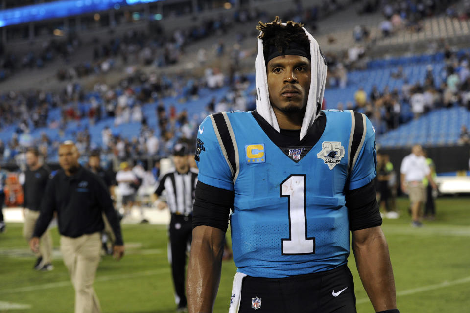 Carolina Panthers quarterback Cam Newton (1) walks off the field following the Panthers 20-14 loss to the Tampa Bay Buccaneers in Week 2. (AP)