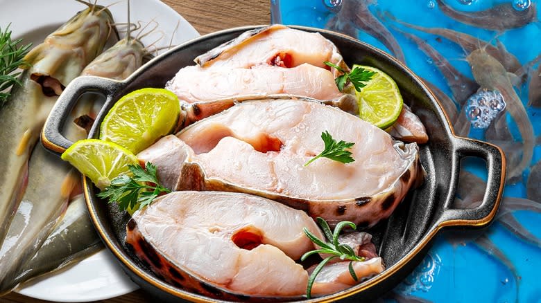 raw catfish steaks in pan, catfish swimming in water