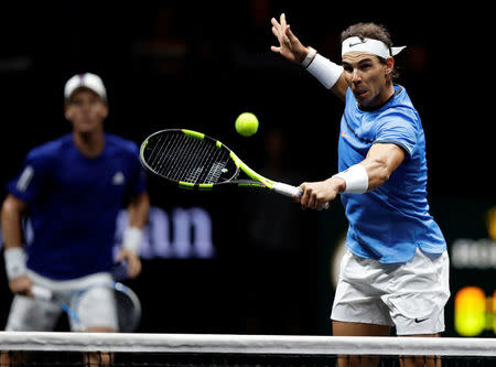 Tennis - Laver Cup - 1st Day - Prague, Czech Republic - September 22, 2017 -Tomas Berdych and Rafael Nadal of team Europe in action during the doubles match. REUTERS/David W Cerny