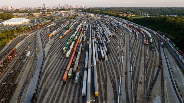 PHOTO: Freight train cars sit in a Norfolk Southern rail yard on Sept. 14, 2022, in Atlanta. (Danny Karnik/AP, FILE)