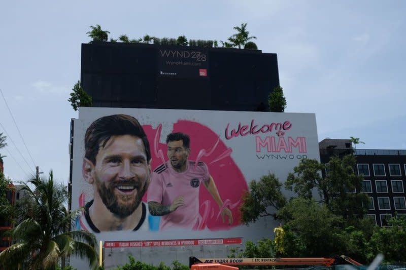 A mural welcoming soccer star Lionel Messi to Miami is shown Monday in the Wynwood neighborhood of Miami. Photo by Alex Butler/UPI