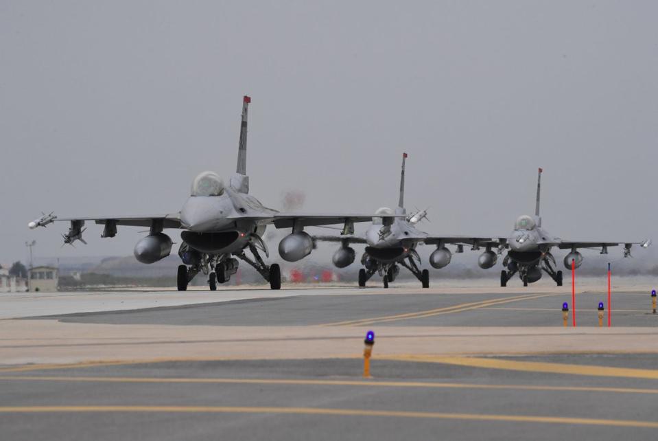 US Air force F-16 jet fighters taxi for take off during the “Max Thunder” South Korea-US military joint air exercise at a US air base in the southwestern port city of Gunsan in 2017 (AFP via Getty Images)