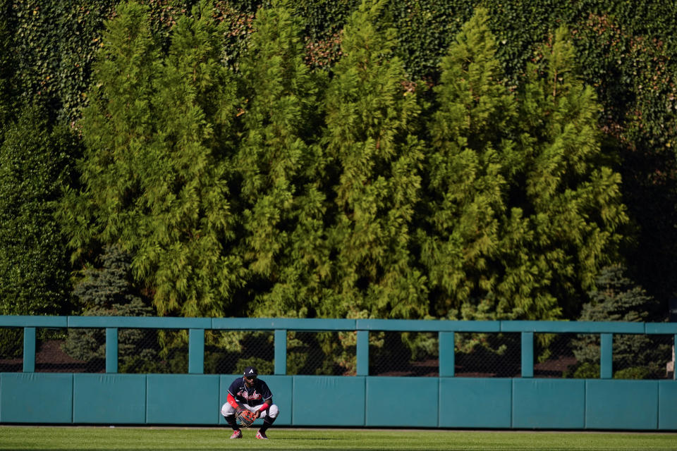 Atlanta Braves center fielder Michael Harris II (23) watches play during the sixth inning in Game 4 of baseball's National League Division Series between the Philadelphia Phillies and the Atlanta Braves, Saturday, Oct. 15, 2022, in Philadelphia. (AP Photo/Matt Slocum)