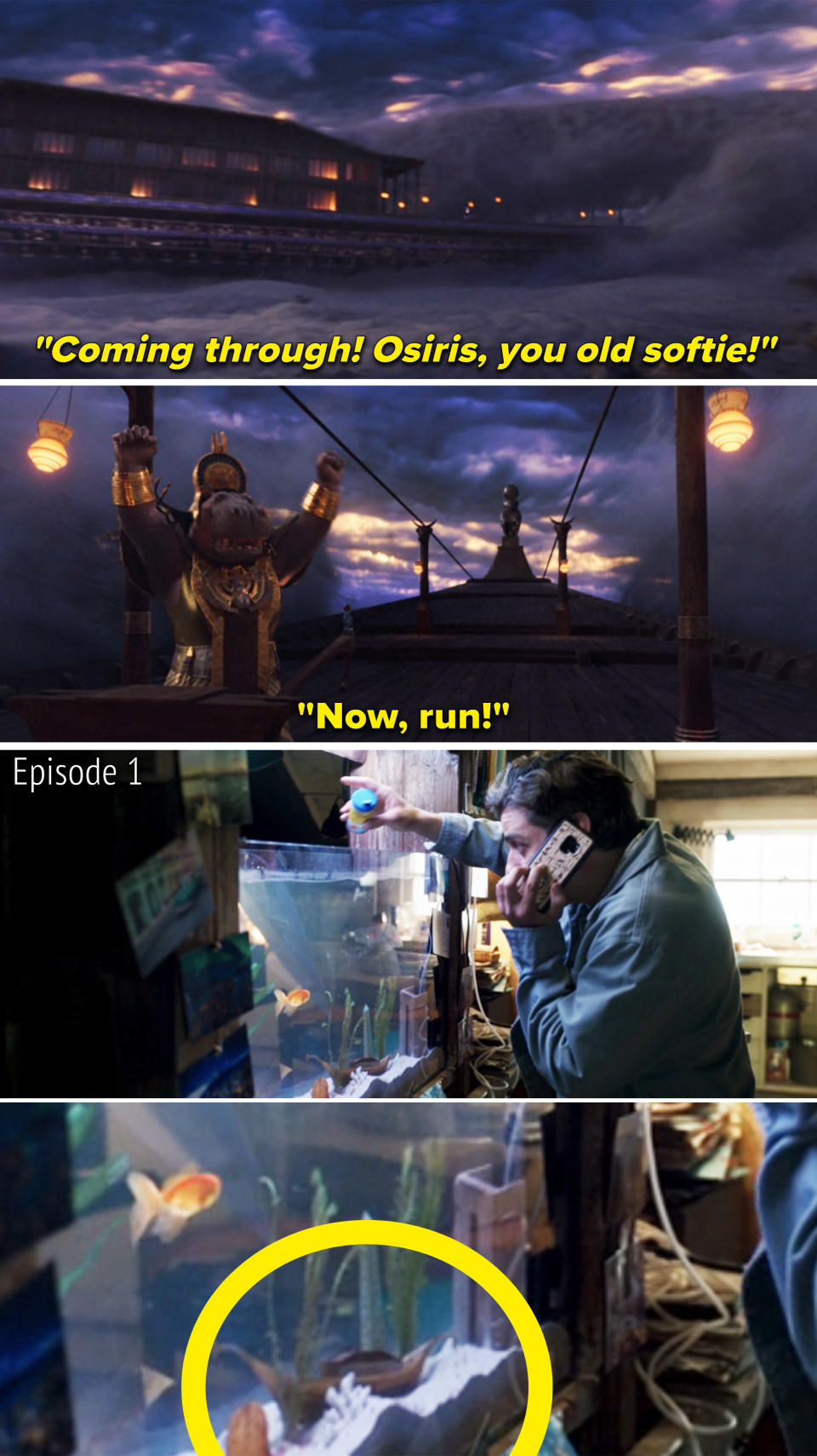 Images from the finale and Episode 1, with the boat in Gus's fish tank circled