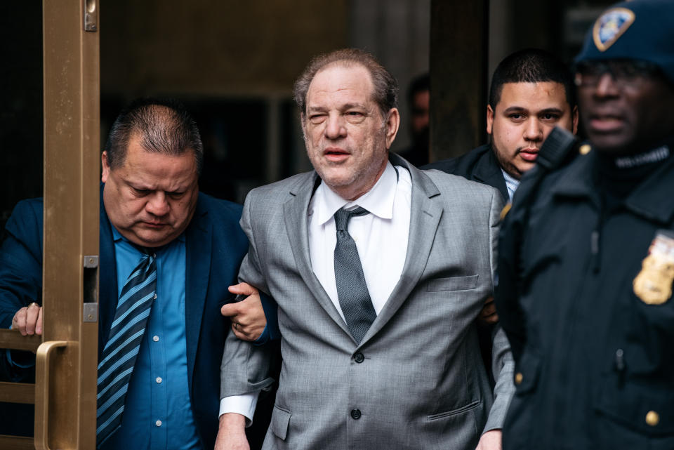 Accused rapist Harvey Weinstein, pictured after a recent bail hearing, said he deserves a pat on the back for pushing the cause of women in entertainment. (Photo: Scott Heins via Getty Images)