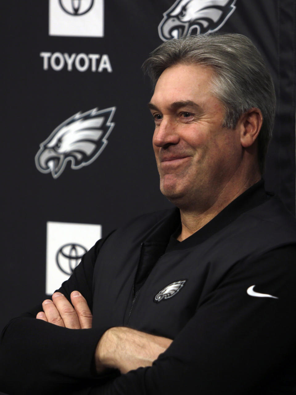 Philadelphia Eagles NFL football coach Doug Pederson smiles during a news conference Tuesday Jan. 15, 2019, in Philadelphia. The Eagles lost to the New Orleans Saints on Sunday, ending their season. (AP Photo/Jacqueline Larma)