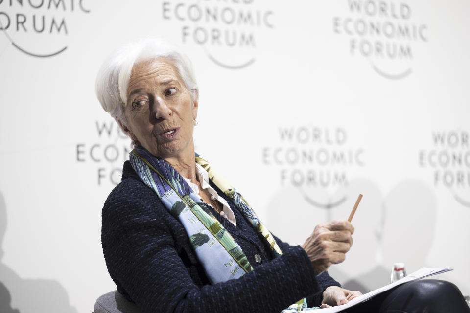 Christine Lagarde, President, European Central Bank, speaks during the 53rd annual meeting of the World Economic Forum, WEF, in Davos, Switzerland, Thursday, Jan. 19, 2023. (Laurent Gillieron/Keystone via AP)