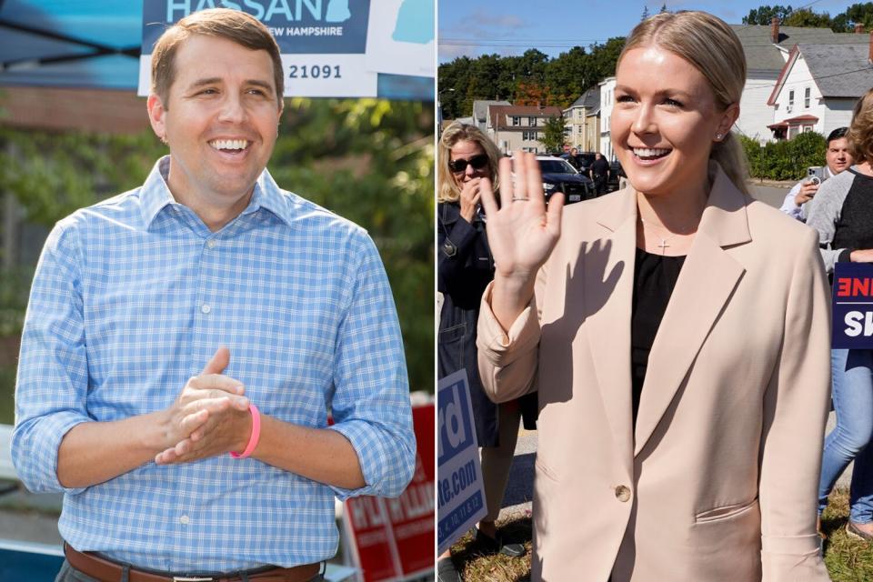 DOVER, NH - SEPTEMBER 10: Incumbent Democratic Senate candidate, U.S. Sen. Maggie Hassan (D-NH) and U.S. Rep. Chris Pappas (D-NH) attend a campaign canvas kickoff event on September 10, 2022 in Dover, New Hampshire. Hassan is running for Senate reelection this year in New Hampshire and her Republican opponent will be chosen in the upcoming GOP primary. (Photo by Scott Eisen/Getty Images); New Hampshire Republican 1st Congressional District candidate Karoline Leavitt waves to supporters while arriving for a campaign event, Thursday, Sept. 29, 2022, in Manchester, N.H. (AP Photo/Charles Krupa)