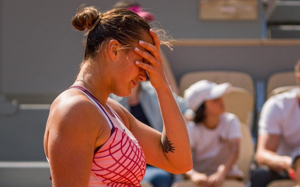 Aryna Sabalenk during her French Open defeat against Karolina Muchova - Aryna Sabalenka suffers sudden meltdown as Karolina Muchova summons spirit of Ashleigh Barty - Getty Images/Andy Cheung