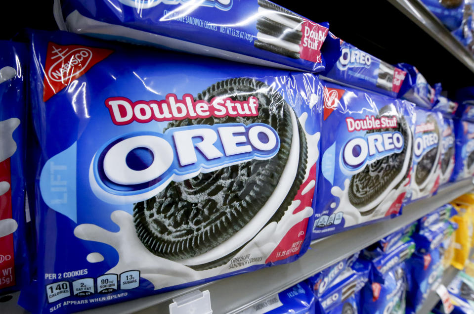 Packages of Nabisco Double Stuf Oreo cookies line a shelf in a market in Pittsburgh, Wednesday, Aug. 8, 2018. (AP Photo/Gene J. Puskar)