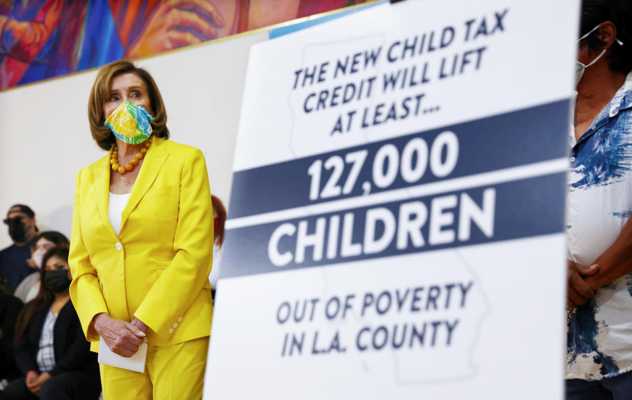 LOS ANGELES, CALIFORNIA - JULY 15: House Speaker Nancy Pelosi (D-CA) attends a press conference on the newly expanded Child Tax Credit at the Barrio Action Youth and Family Center on July 15, 2021 in Los Angeles, California. Many Americans with children began to receive checks today as a result of the passage of the Child Tax Credit legislation. (Photo by Mario Tama/Getty Images)