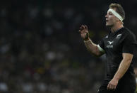 New Zealand's captain Sam Cane reacts during the Rugby Championship test between South Africa and New Zealand at Mbombela Stadium in Mbombela, South Africa, Saturday, Aug. 6, 2022. (AP Photo/Themba Hadebe)