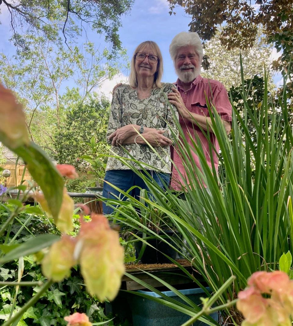 Deborah and Jones Cahill in their backyard garden where they grow as many as 100 plants each year that they donate to the annual Windsor Forest Garden Club plant sale