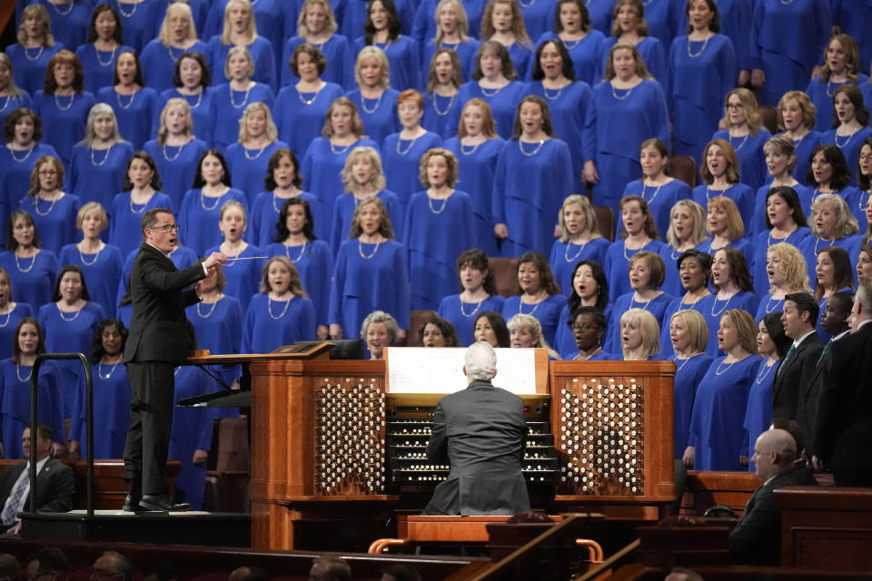 Members of The Tabernacle Choir at Temple Square perform during the twice-annual conference of the Church of Jesus Christ of Latter-day Saints Sunday, April 7, 2024, in Salt Lake City. (AP Photo/Rick Bowmer)