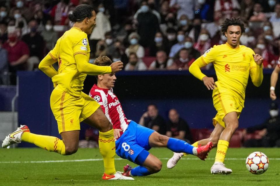 Antoine Griezmann scores Atlético Madrid’s second goal during the Champions League game against Liverpool