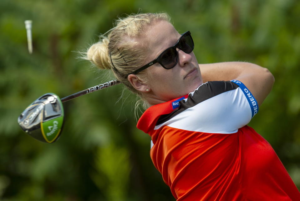 Nicole Broch Larsen of Denmark watches her tee shot on the ninth hole during the final round of the CP Women's Open in Aurora, Ontario, Sunday, Aug. 25, 2019. (Frank Gunn/The Canadian Press via AP)