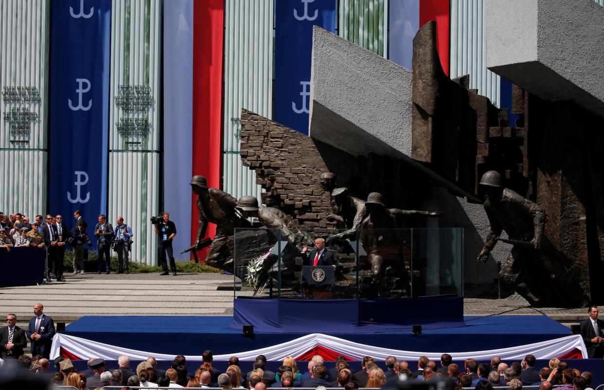 U.S. President Donald Trump gestures during his public speech in front of the Warsaw Uprising Monument at Krasinski Square, in Warsaw, Poland: REUTERS/Laszlo Balogh